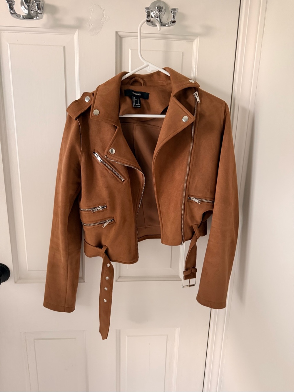 Faux Suede Biker Jacket - Tan